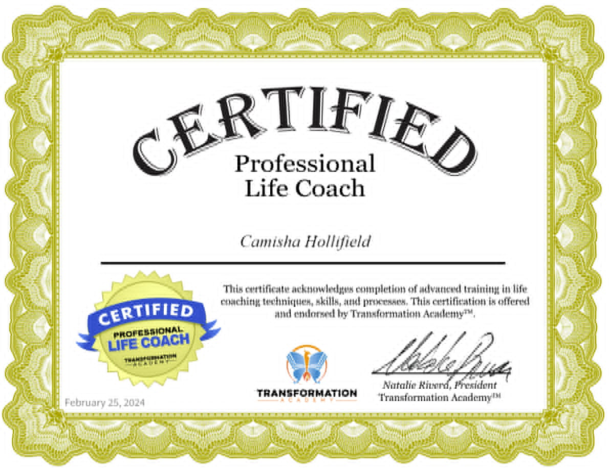 Certified Professional Life Coach certificate from Transformation Academy, February 2024