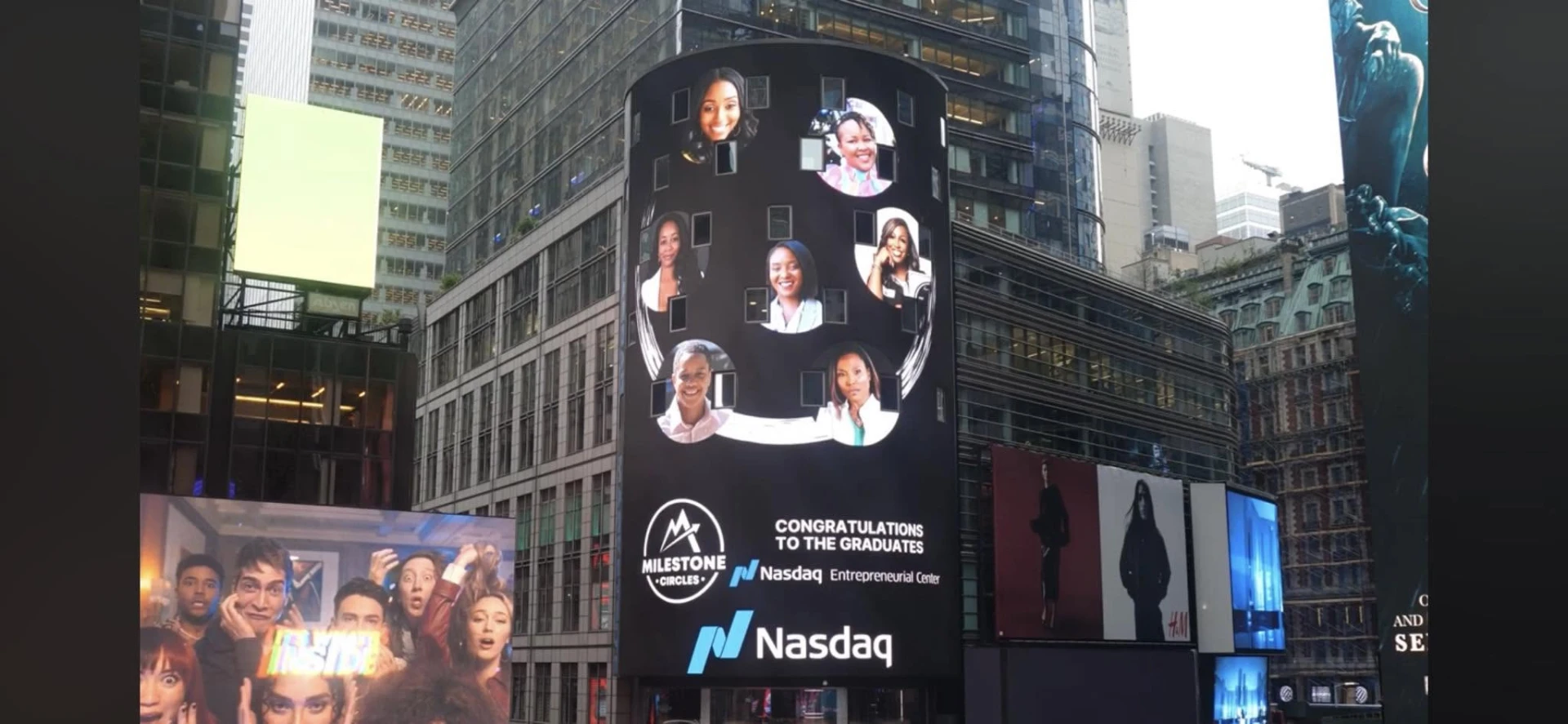 Milestone Circles graduates featured on the Nasdaq billboard in Times Square