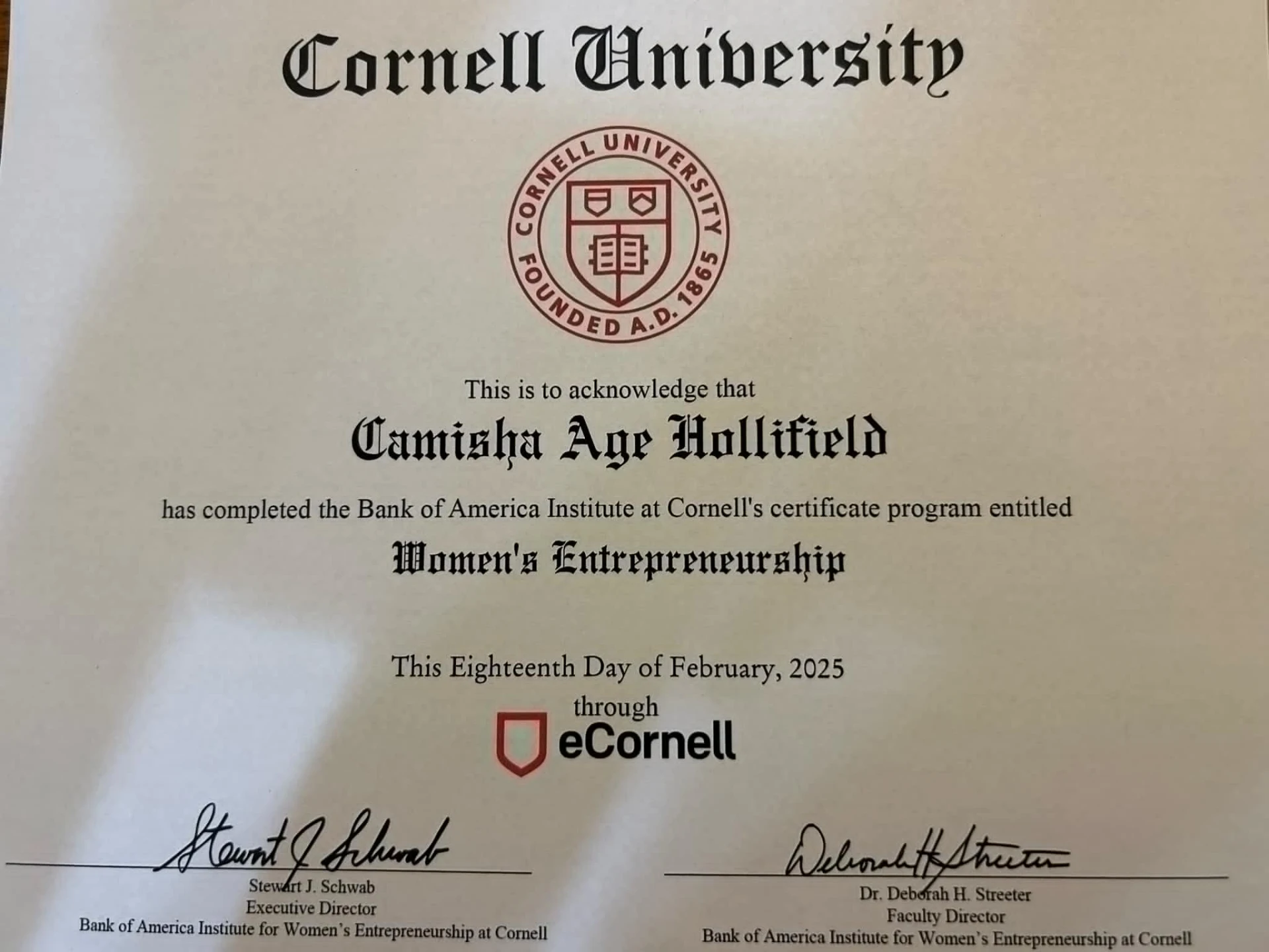 Cornell University certificate in Women's Entrepreneurship awarded to Camisha Age Hollifield