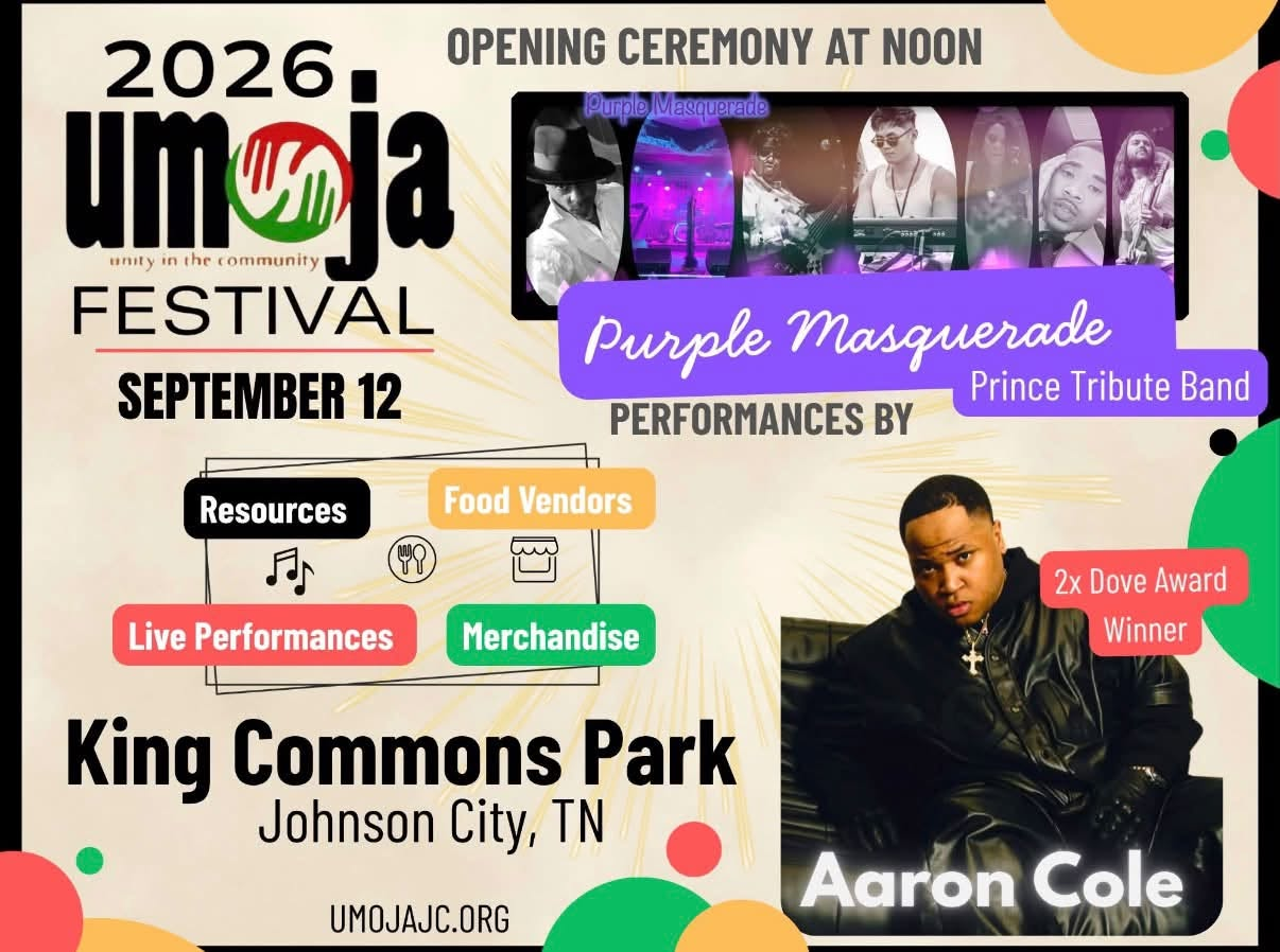UMOJA Festival flyer — 2026 Unity in the Community Festival, September 12 at King Commons Park, Johnson City, TN, with the Purple Masquerade Prince tribute band and Aaron Cole