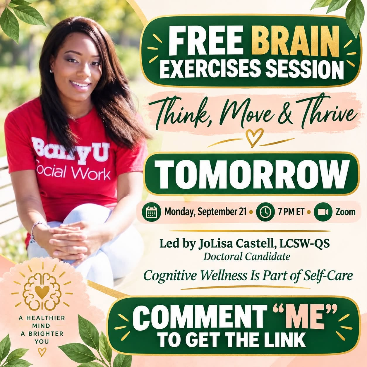 Free Brain Exercises Session flyer — Think, Move & Thrive, Monday September 21 at 7 PM ET on Zoom, led by JoLisa Castell, LCSW-QS