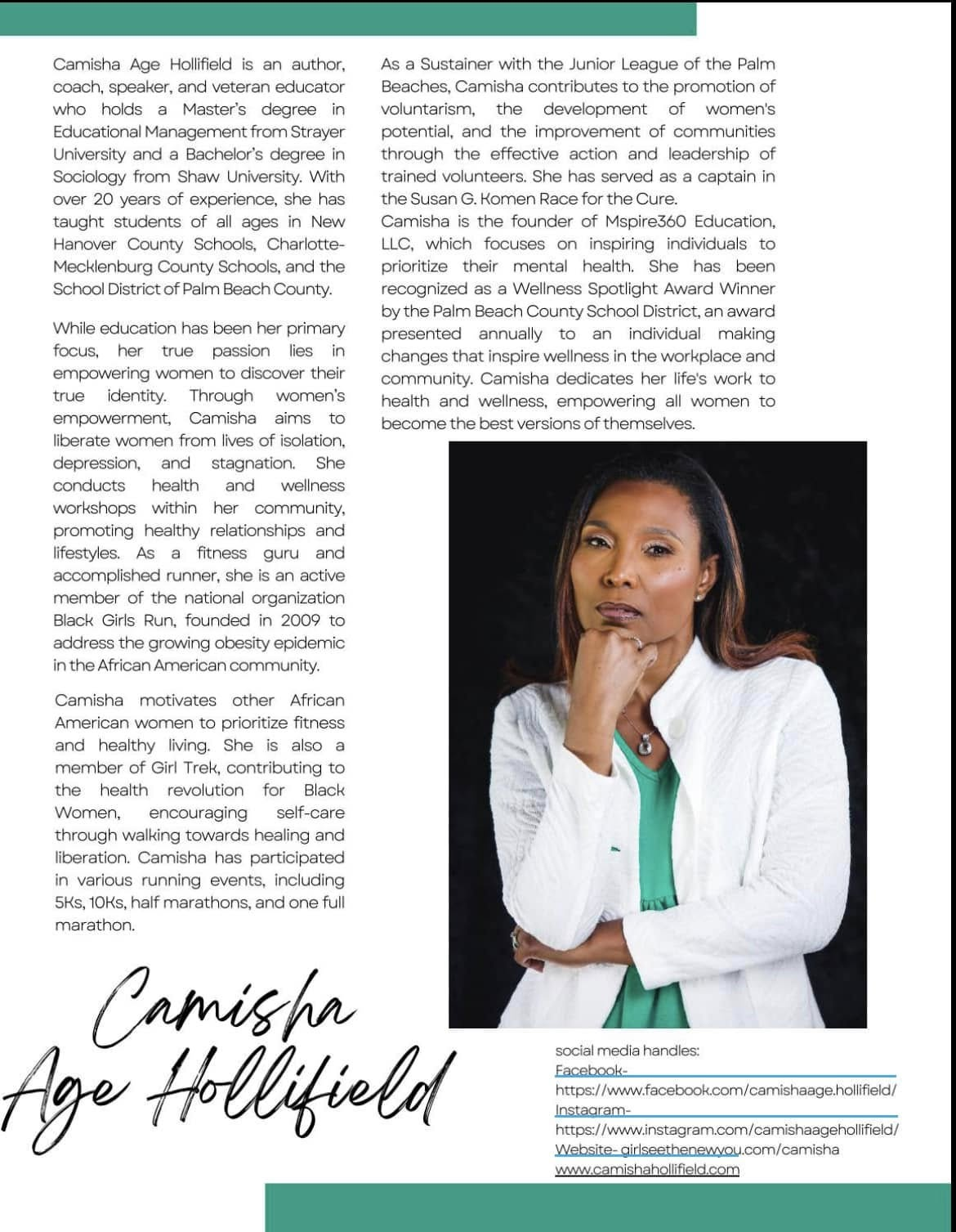 Magazine feature spread profiling Camisha Age Hollifield