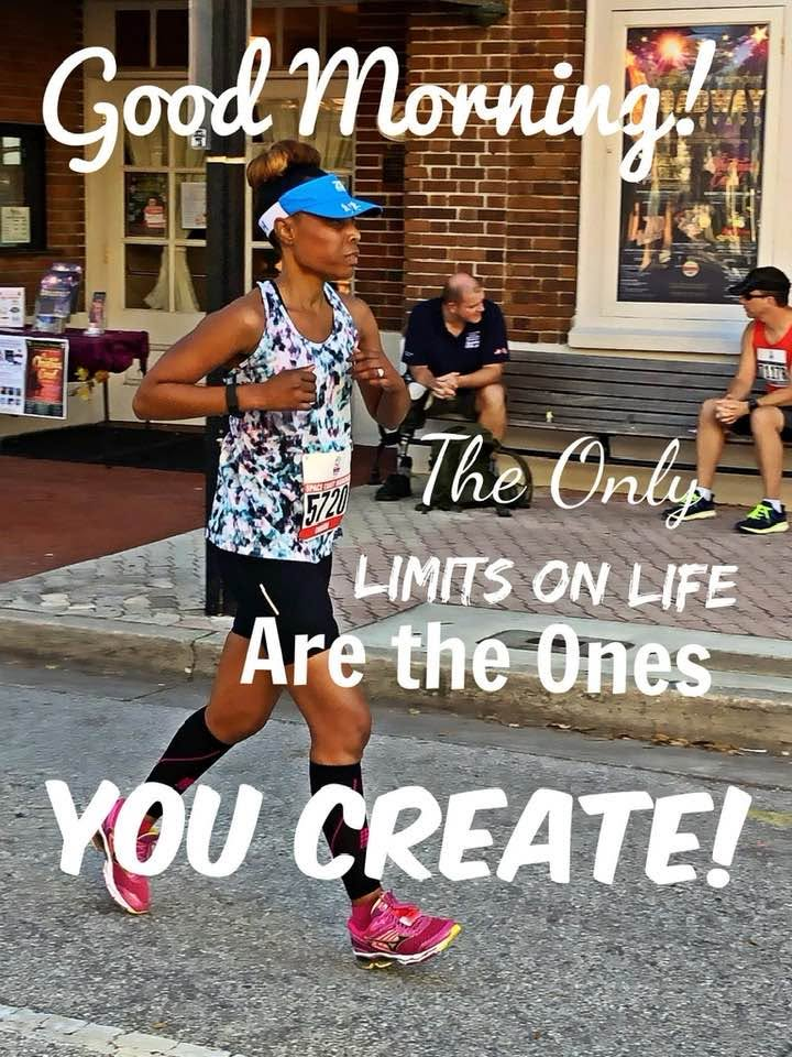 Camisha running a road race with a motivational message